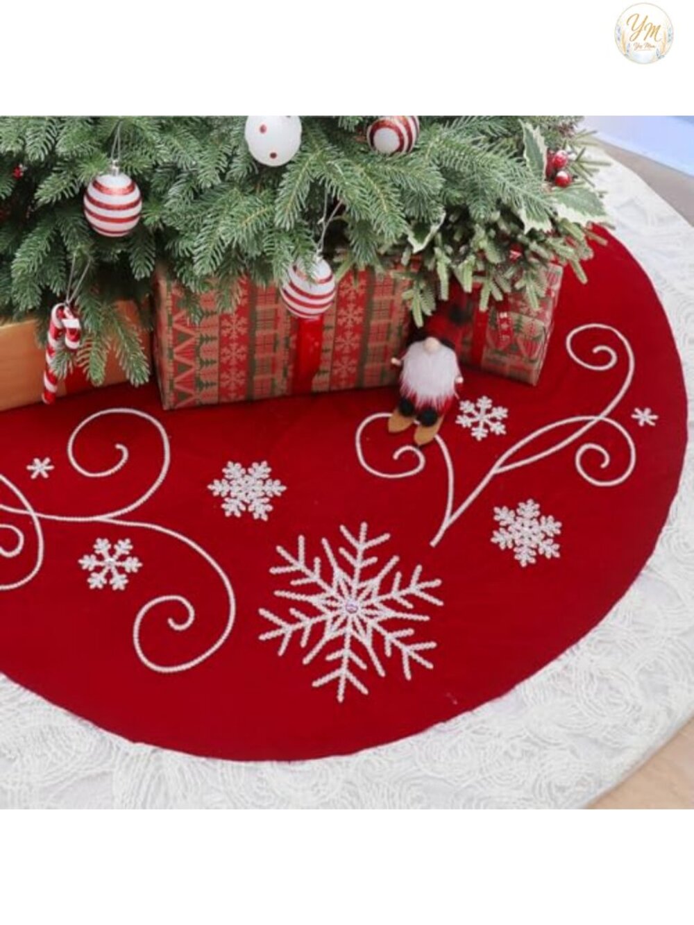 Luxury Velvet Christmas Tree Skirt Snowflake Embroidery 48 Inch Holiday Decor